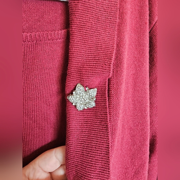 Sag Harbor Deep Red V-Neck Sweater With Crystal Broach - Picture 2 of 6